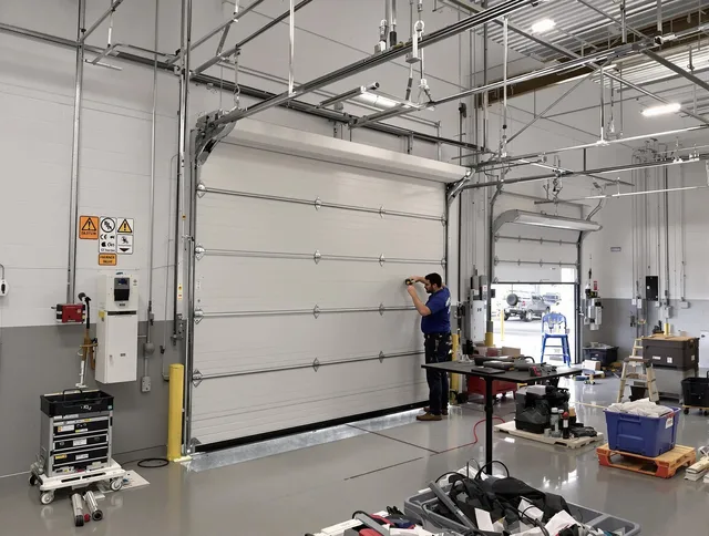 Commercial garage door repair being performed by Manchester Garage Door Repair expert in Manchester