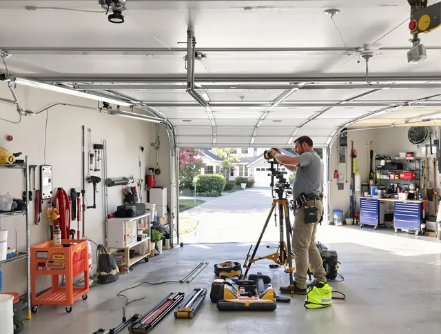 Manchester Garage Door Repair specialist performing laser-guided track alignment in Manchester